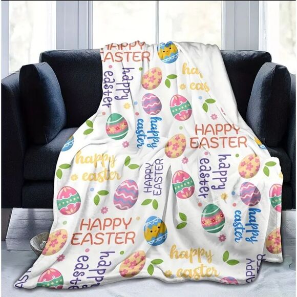 💐 Easter Themed Flannel Fleece Blanket with Colorful Easter Eggs - 50" x 60" - Picture 3 of 4